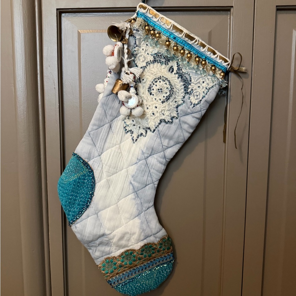 Rare Vintage Free People Embroidered Christmas Stocking with Blue Accents